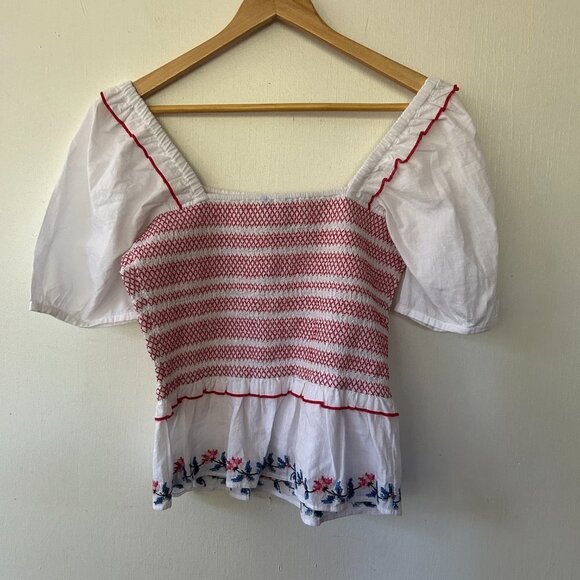 Draper James Camellia Top Womens Small Smocked Peplum Embroidered Square Neck - Picture 6 of 6